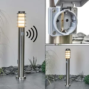 hofstein Luminaires Extérieurs Avec Prise>Borne Lumineuse Tunes Nickel Mat, 1 Lumiere, Detecteur De Mouvement