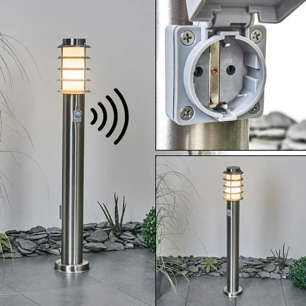 hofstein Luminaires Extérieurs Avec Prise>Borne Lumineuse Tunes Nickel Mat, 1 Lumiere, Detecteur De Mouvement