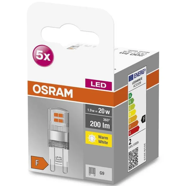 Luminaires Osram Ampoules G9>Osram Led Base Pin Lot De 5 Led G9 1,9 Watt 2700 Kelvin 200 Lumen