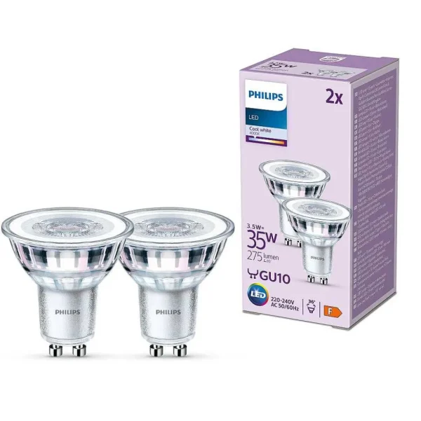 Luminaires Philips Ampoules Gu10>Philips Classic Lot De 2 Led Gu10 3,5 Watt 4000 Kelvin 275 Lumen