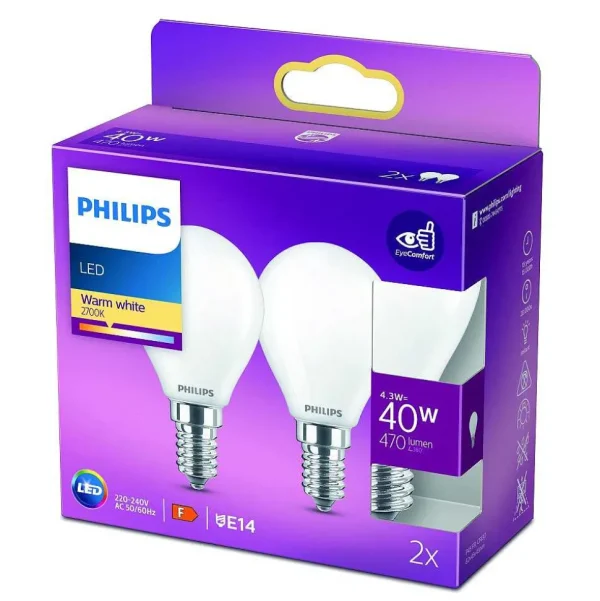 Luminaires Philips Ampoules E14>Philips 2X Led E14 4,3 Watt 2700 Kelvin 470 Lumen