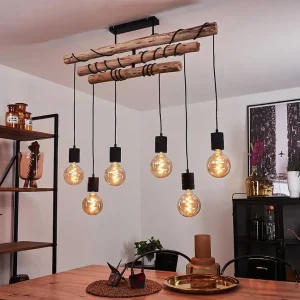 hofstein Style Boho-Chic>Plafonnier Ajaccio Bois Clair, Noir, 6 Lumieres