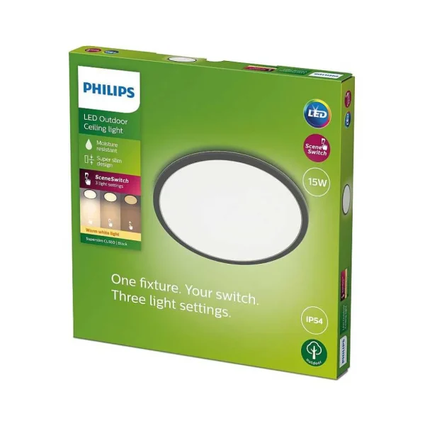 Luminaires Philips Plafonniers Extérieurs>Plafonnier Exterieur Philips Superslim Led Noir, 1 Lumiere