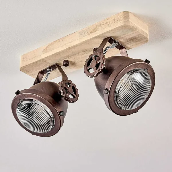 hofstein Lampes Industrielles>Plafonnier Herford Bois Clair, Cuivre, 2 Lumieres