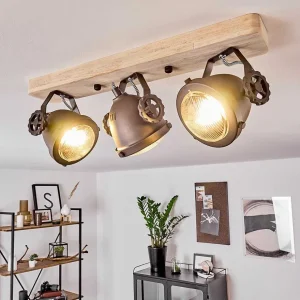 hofstein Lampes Industrielles>Plafonnier Herford Bois Clair, Cuivre, 3 Lumieres