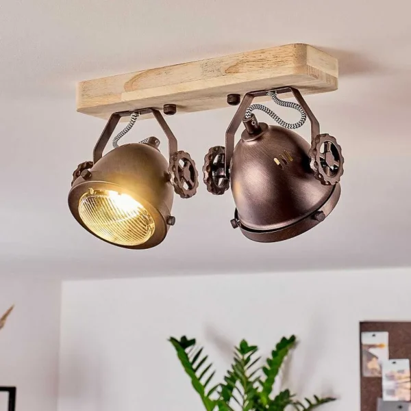 hofstein Lampes Industrielles>Plafonnier Herford Bois Clair, Cuivre, 2 Lumieres