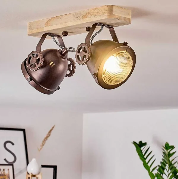 hofstein Lampes Industrielles>Plafonnier Herford Bois Clair, Cuivre, 2 Lumieres