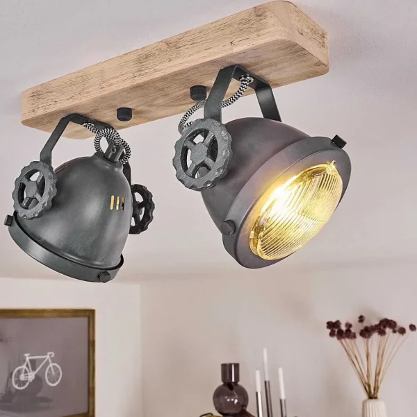 hofstein Lampes Industrielles>Plafonnier Herford Gris, Bois Clair, 2 Lumieres