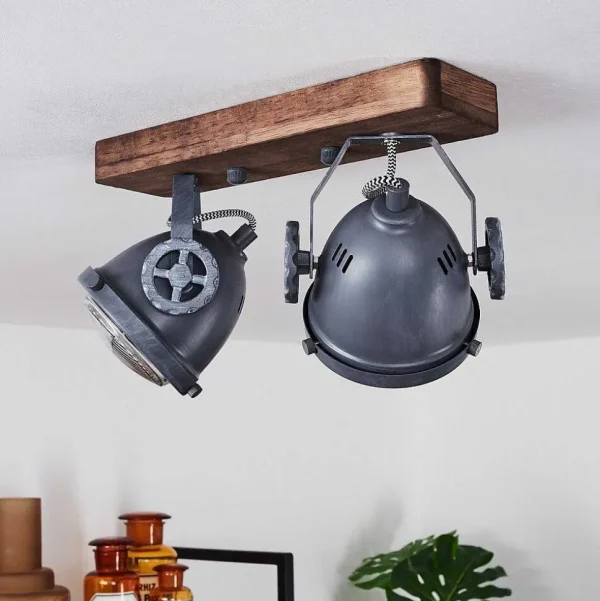 hofstein Lampes Industrielles>Plafonnier Herford Gris, Bois Fonce, 2 Lumieres