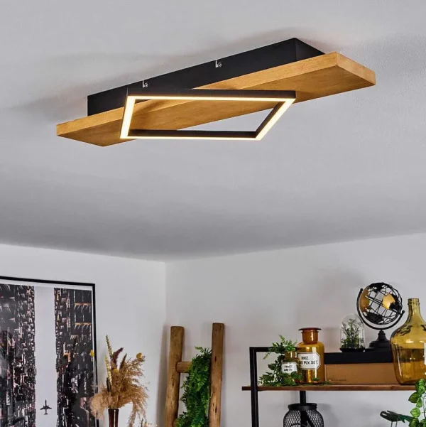 hofstein Plafonniers>Plafonnier Pompu Led Bois Clair, Noir, 1 Lumiere