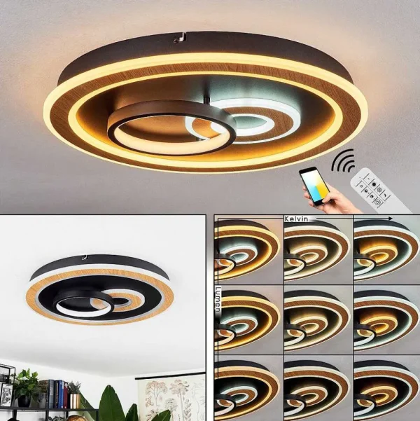 hofstein Luminaires Interieurs Connectes>Plafonnier Xamontarupt Led Brun, Couleur Bois, Noir, 1 Lumiere, Telecommandes