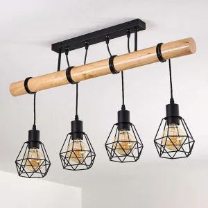 hofstein Lampes En Bois>Plafonnier Yaak Bois Clair, Noir, 4 Lumieres