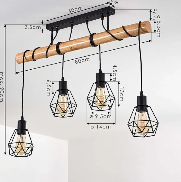 hofstein Lampes En Bois>Plafonnier Yaak Bois Clair, Noir, 4 Lumieres