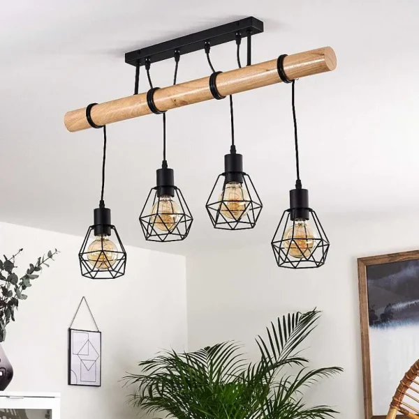 hofstein Lampes En Bois>Plafonnier Yaak Bois Clair, Noir, 4 Lumieres