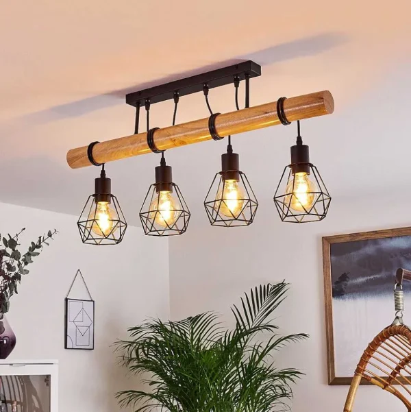 hofstein Lampes En Bois>Plafonnier Yaak Bois Clair, Noir, 4 Lumieres