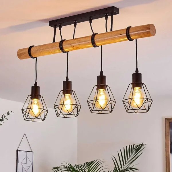 hofstein Lampes En Bois>Plafonnier Yaak Bois Clair, Noir, 4 Lumieres