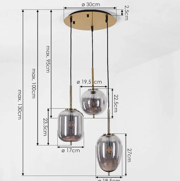 hofstein Lampes En Verre Fume>Suspension Verbania Laiton, 3 Lumieres