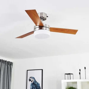 hofstein Plafonniers Et Lustres Ventilateurs>Ventilateur De Plafond Vevey Bois Clair, Nickel Mat, Argente, 2 Lumieres, Telecommandes