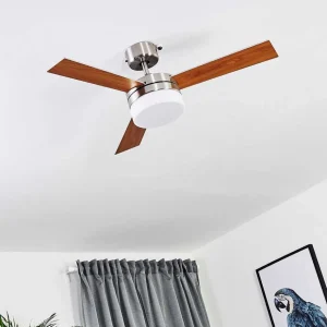 hofstein Plafonniers Et Lustres Ventilateurs>Ventilateur De Plafond Vevey Bois Clair, Nickel Mat, Argente, 2 Lumieres, Telecommandes