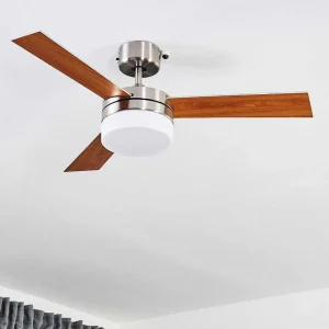 hofstein Plafonniers Et Lustres Ventilateurs>Ventilateur De Plafond Vevey Bois Clair, Nickel Mat, Argente, 2 Lumieres, Telecommandes