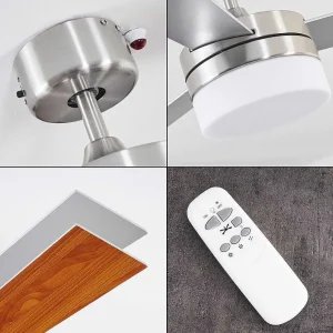 hofstein Plafonniers Et Lustres Ventilateurs>Ventilateur De Plafond Vevey Bois Clair, Nickel Mat, Argente, 2 Lumieres, Telecommandes