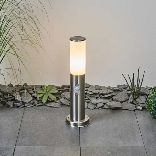 Borne Lumineuse Caserta Nickel Mat, Blanc, 1 Lumiere, Detecteur De Mouvement