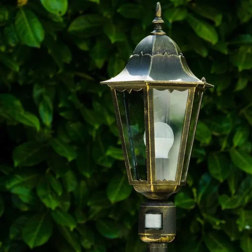 Lampadaire Exterieur Bristol Or, Laiton, 1 Lumiere, Detecteur De Mouvement