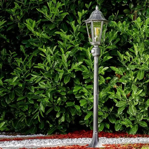 Lampadaire Exterieur Lignac Noir, Argente, 1 Lumiere, Detecteur De Mouvement