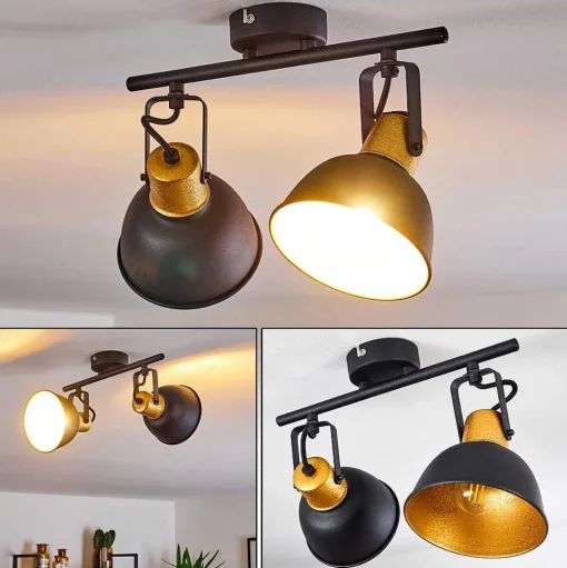 Plafonnier Blackburn Noir Dore, 2 Lumieres