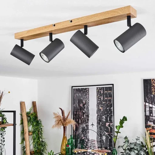 Plafonnier Javel Couleur Bois, Noir, 4 Lumieres