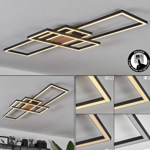 Plafonnier Longos Led Brun, Couleur Bois, Noir, 1 Lumiere