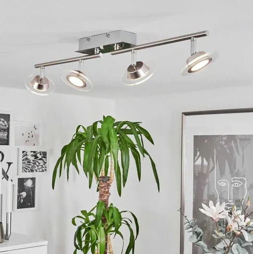 Plafonnier Marsen Led Chrome, Nickel Mat, 4 Lumieres, Telecommandes, Changeur De Couleurs