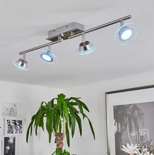 Plafonnier Marsen Led Chrome, Nickel Mat, 4 Lumieres, Telecommandes, Changeur De Couleurs