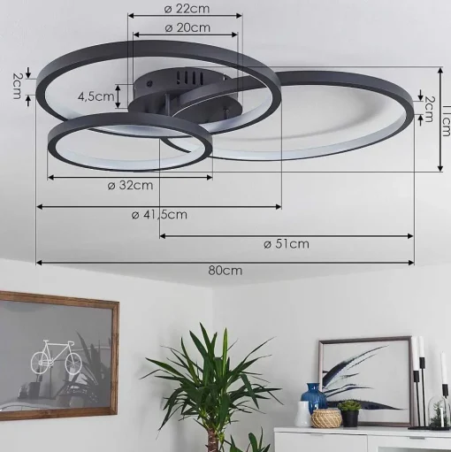 Plafonnier Moemoto Led Anthracite, 1 Lumiere, Telecommandes