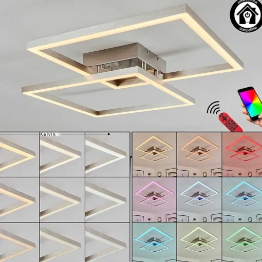 Plafonnier Relous Led Acier Inoxydable, 2 Lumieres, Telecommandes, Changeur De Couleurs