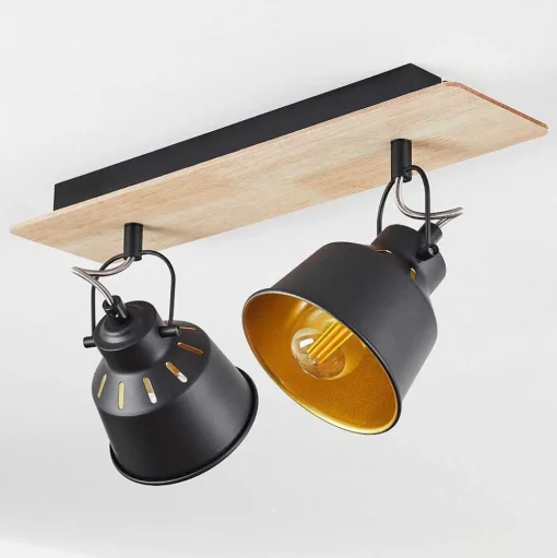 Plafonnier Safari Chrome, Bois Clair, Noir, 2 Lumieres