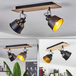 Plafonnier Safari Chrome, Bois Clair, Noir, 2 Lumieres