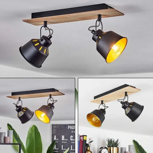 Plafonnier Safari Chrome, Bois Clair, Noir, 2 Lumieres