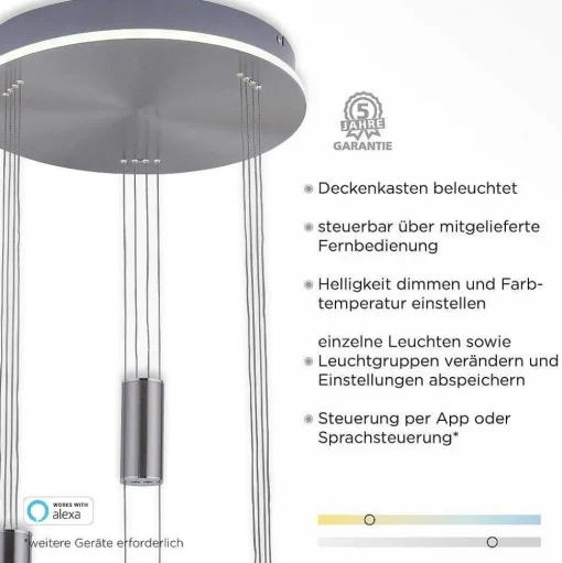 Suspension Paul-Neuhaus Q-Etienne Led Acier Brosse, 4 Lumieres, Telecommandes